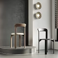 Modern Minimalist Leisure Chairs Light Wood Black With Gray Wall Round Lamps And Window Blinds