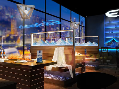 Modern Seafood Restaurant with City Night View Large Windows and Ice Mounds 3d model
