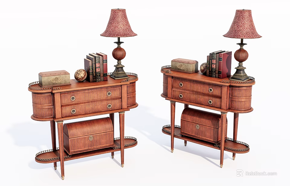 Wooden Entryway Cabinet Sideboard with Drawers Table Lamp Books and Decorative Items 3d model 