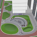 Urban Road Facilities Featuring Buildings Green Belts and Roundabout Structures 3d model