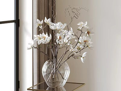Clear Glass Vase With White Magnolia Flowers Arranged On Side Table Near Window 3d model