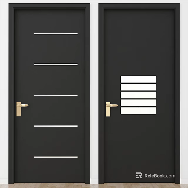 Modern Black Hinged Doors Interior With White Horizontal Lines And Brass Handles 3d model