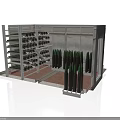 Industrial Metal Storage Rack With Organized Wine Bottles And Green Top Black Cylinders