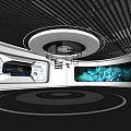 Modern Exhibition Hall with Circular Floor Pattern and Curved Digital Display Walls