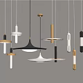 Modern Pendant Lights Featuring Different Designs Metallic Finishes Black White Gold Hanging Against Neutral Background