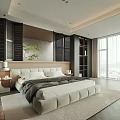 Modern Bedroom With Beige Bed Wooden Headboard Gray Blanket And City View Through Large Windows