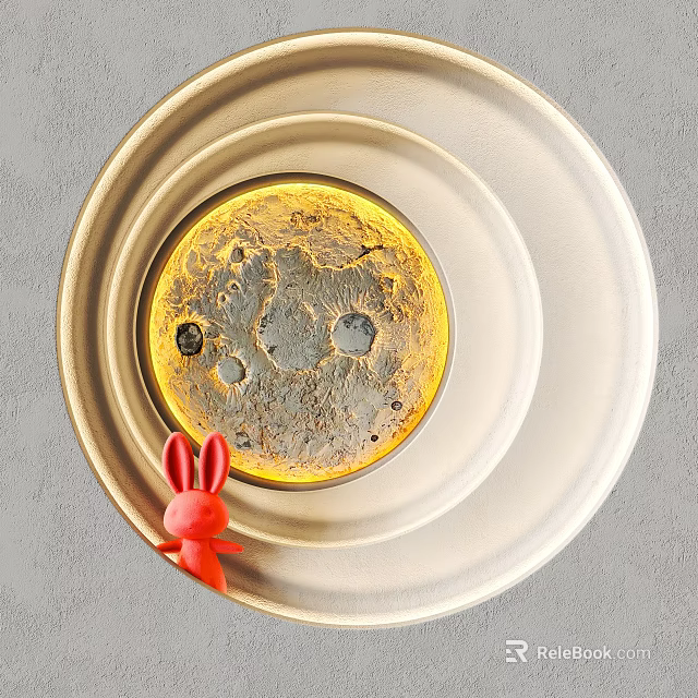 Round Wall Decor with Moon Texture Gold Frame and Red Rabbit Ornament 3d model