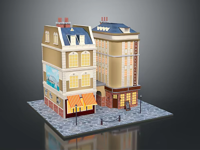 Two Traditional Residential Buildings With Blue Roofs Multiple Windows And Orange Awning Storefronts 3d model