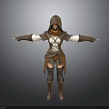 Woman in Hooded Brown and White Outfit With Leather Armor Leggings and Boots Arms Outstretched