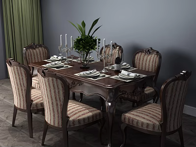 Classic Wooden Dining Table Set with Upholstered Striped Fabric Chairs Tableware Green Plant and Candlesticks 3d model