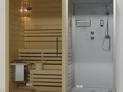 Modern Shower and Sauna Space With Wooden Sauna Room Warm Lighting And Glass Shower Area 3d model