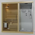 Modern Shower and Sauna Space With Wooden Sauna Room Warm Lighting And Glass Shower Area