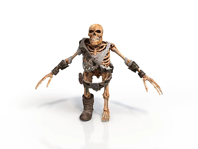 Skeleton Figure In Tattered Clothing With Metal Wristbands Standing On White Background 3d model