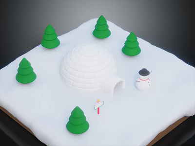 Snowy Winter Scene With Igloo Green Pine Trees Snowman And Small Figure 3d model