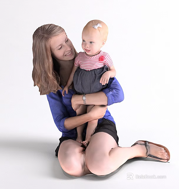 Woman In Blue Top Holding Baby In Striped Top And Gray Skirt 3d model 