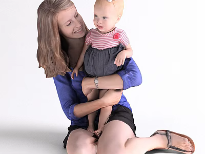 Woman In Blue Top Holding Baby In Striped Top And Gray Skirt 3d model