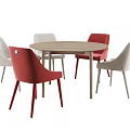 Modern Round Wooden Dining Table Set with Five Red and White Chairs 3d model