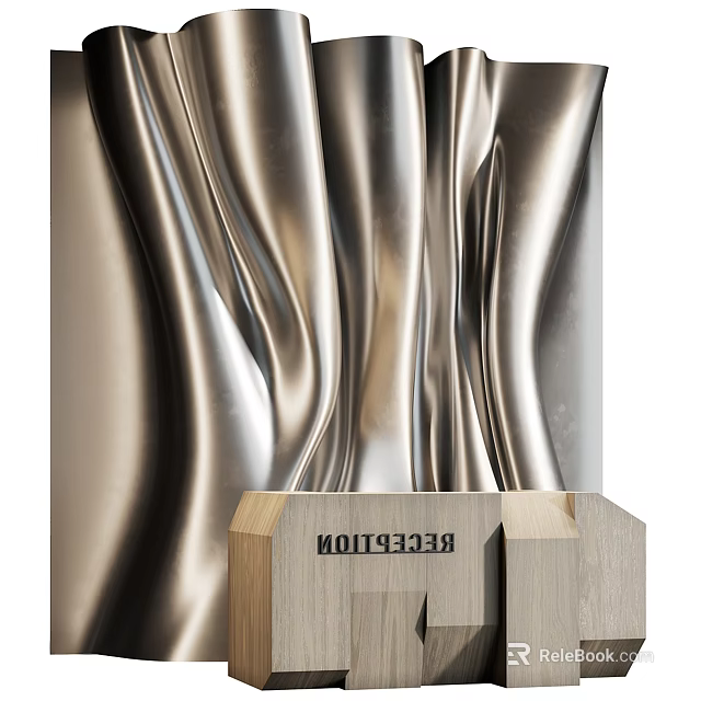 Reception Background Wall With Silver Metallic Wavy Texture And Wooden Desk 3d model