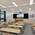 School Classroom Interior With Wooden Desks Chairs Large Screen And Inspirational Wall Decor