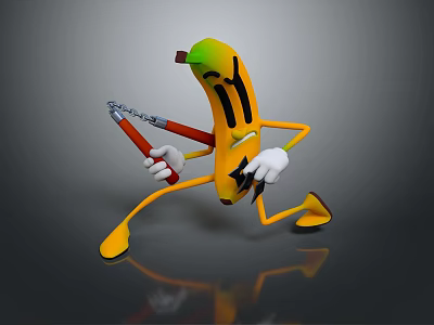 Yellow Cartoon Banana With Black Stripes Running With Red Tool And White Gloves 3d model