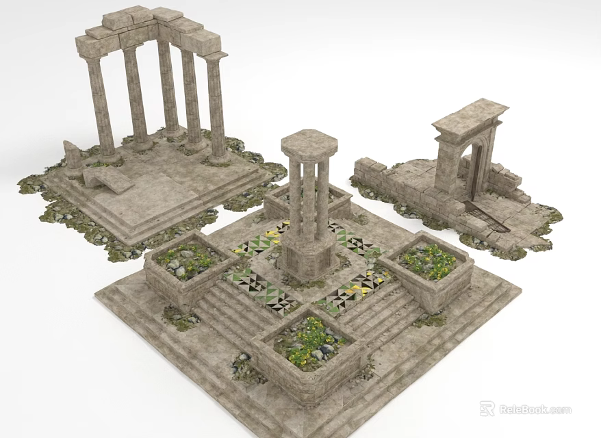 Classical Stone Garden Landscape With Columns Steps And Flower Beds Featuring Plants 3d model 