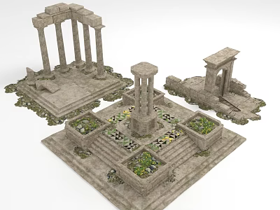 Classical Stone Garden Landscape With Columns Steps And Flower Beds Featuring Plants 3d model