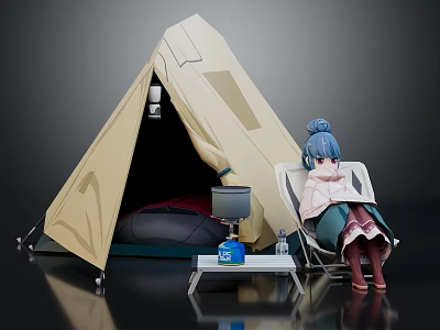 Beige Camping Tent With Folding Chair Gas Stove Sleeping Bag And Person Resting Outdoors 3d model