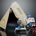 Beige Camping Tent With Folding Chair Gas Stove Sleeping Bag And Person Resting Outdoors
