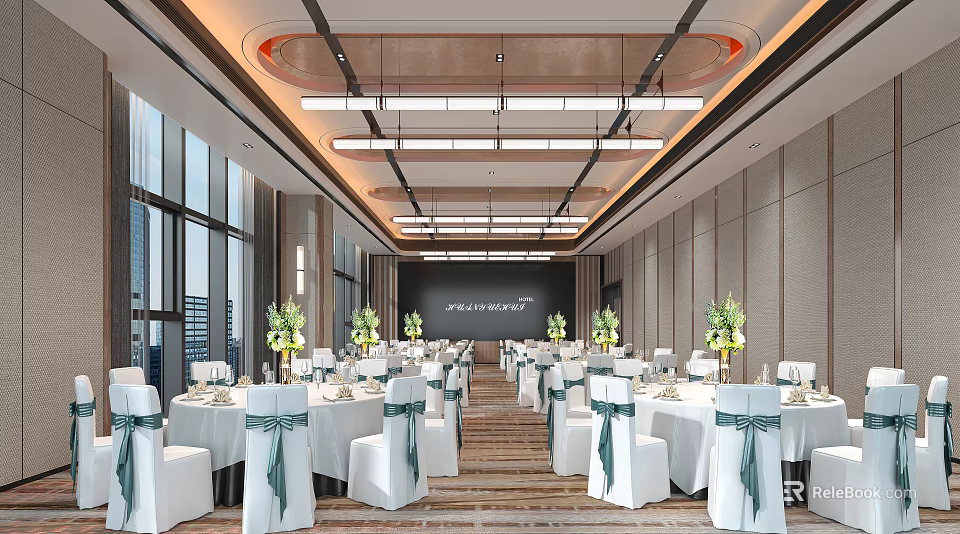 Spacious Modern Banquet Hall With White Tables Chairs Green Ribbons Floral Decor Large Windows Chandeliers And Screen 3d model 