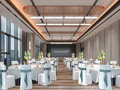 Spacious Modern Banquet Hall With White Tables Chairs Green Ribbons Floral Decor Large Windows Chandeliers And Screen 3d model