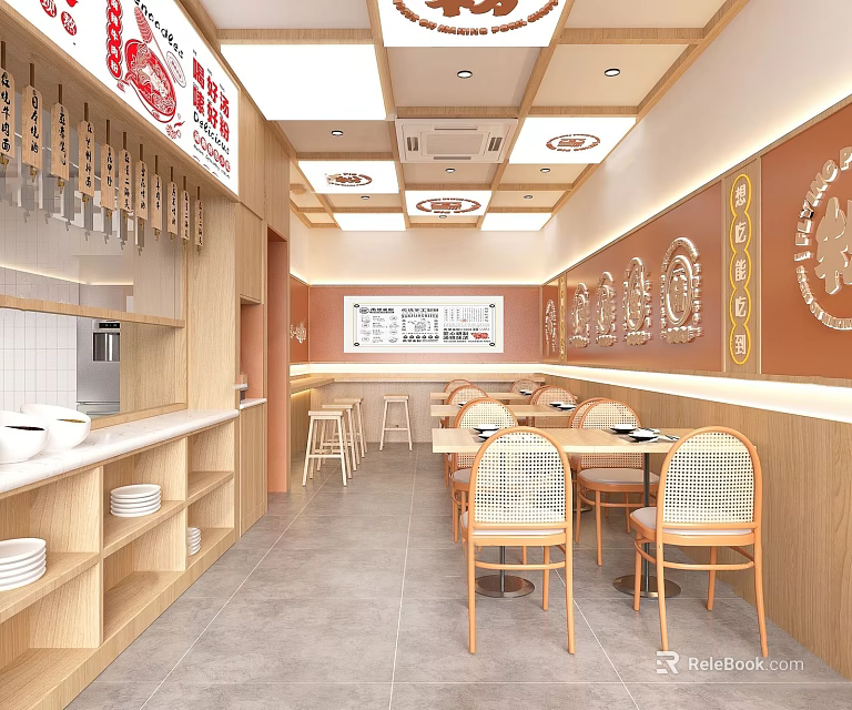Traditional Wooden Restaurant Interior With Tables Chairs Wall Decorations Open Kitchen And Menu Board 3d model 
