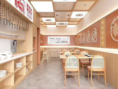 Traditional Wooden Restaurant Interior With Tables Chairs Wall Decorations Open Kitchen And Menu Board 3d model