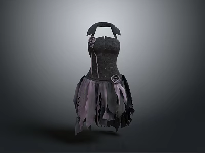 Black And Purple Fashionable Daily Life Dress With Ruffled Skirt And Decorative Buttons 3d model