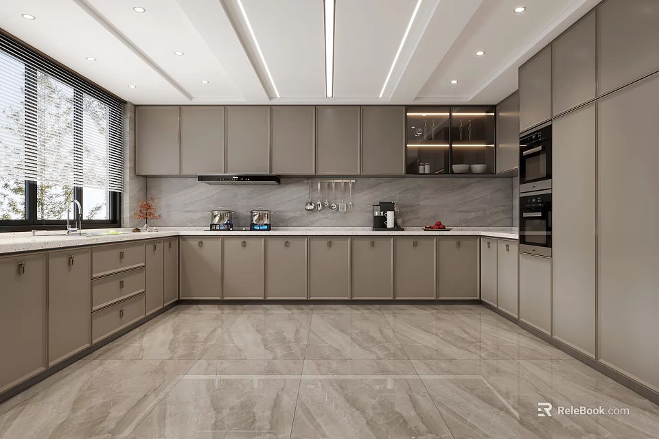 Modern Kitchen Interior With Gray Cabinets Marble Island Countertop And Appliances 3d model 