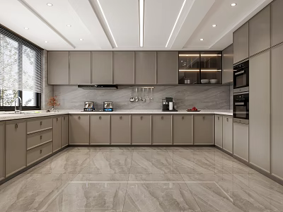 Modern Kitchen Interior With Gray Cabinets Marble Island Countertop And Appliances 3d model