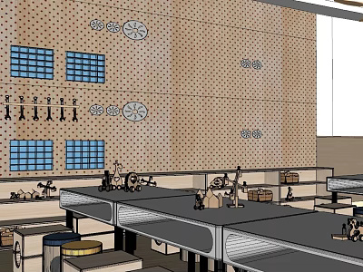 Kindergarten With Polka Dot Walls Blue Windows Clocks Long Tables Building Blocks And Small Stools 3d model