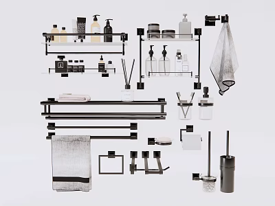 Modern Bathroom Accessories Set With Black Metal Racks Towel Holders Soap Dispensers And Storage 3d model