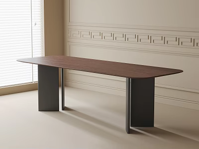 Dining Table With Brown Top Black Metal Legs Light Walls White Blinds And Decorative Molding 3d model
