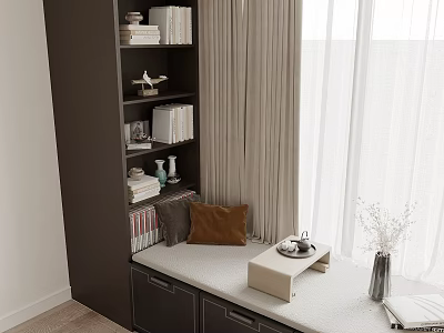 Modern Decorative Cabinet With Books Decor Items Storage Drawers And Window Seat Pillows 3d model