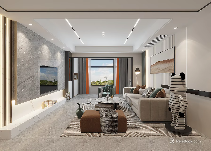 Modern Living and Dining Room Interior With Sofa TV Wall Window View And Decorative Rug 3d model 
