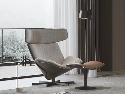 Modern Lounge Chair With Ottoman And Side Table By Large Window With Greenery 3d model