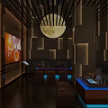 Modern KTV Lounge Interior With Circular Moon Decoration Dark Sofas Blue Lighting And TV Screen