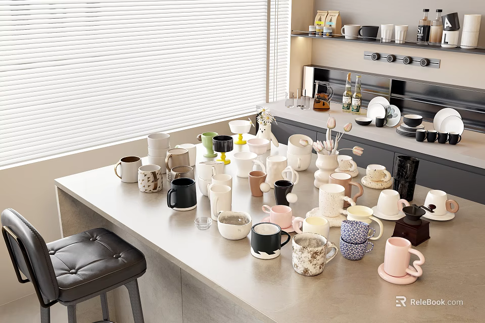 Various Colored And Styled Cups On Kitchen Counter With Coffee Machine And Window Blinds 3d model 