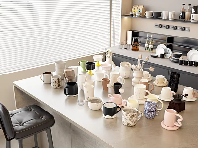Various Colored And Styled Cups On Kitchen Counter With Coffee Machine And Window Blinds 3d model