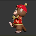 Cute Cartoon Monkey Wearing Red Traditional Costume With Golden Hat Gold Ingot And Chinese Knot