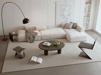 Modern Sofa and Coffee Table Set with Floor Lamp Pillows Throw Blanket on Soft Rug 3d model