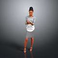 Woman In Gray Dress With White Apron Holding Object Standing On Gray Background