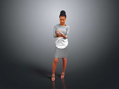 Woman In Gray Dress With White Apron Holding Object Standing On Gray Background 3d model