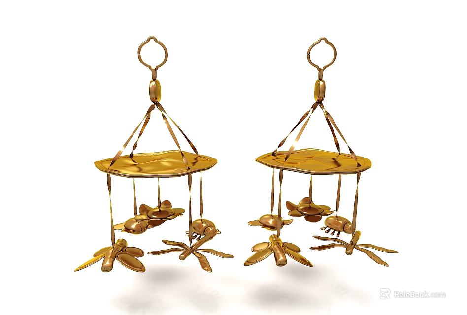 Golden Hanging Decorative Ornament Set with Floral Pendant Elements for Home Decoration 3d model 