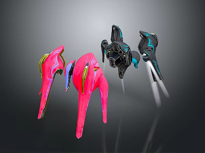 Three Futuristic Design Objects Featuring Pink Black Sleek Shapes And Glowing Accents 3d model